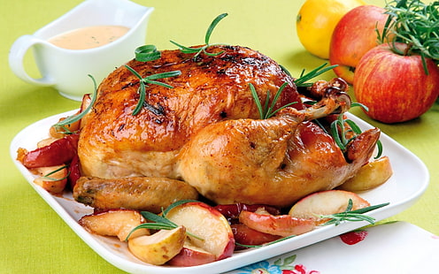 жареная курица, яблоки, курица, соус, блюдо, HD обои HD wallpaper