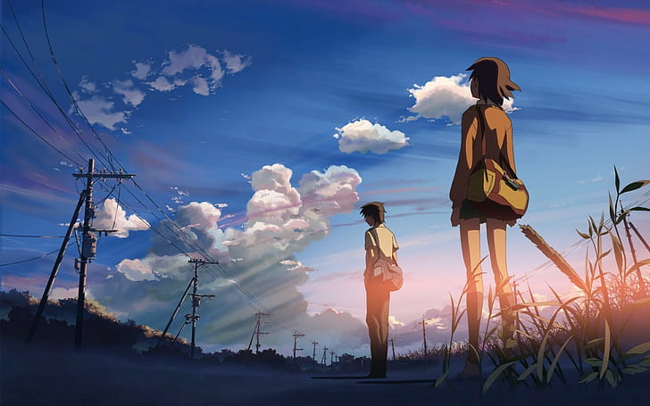5 centimètres par seconde, anime, nature, nuages, Makoto Shinkai, lignes électriques, lumière du soleil, étudiants, poteau électrique, garçons anime, filles anime, Fond d'écran HD