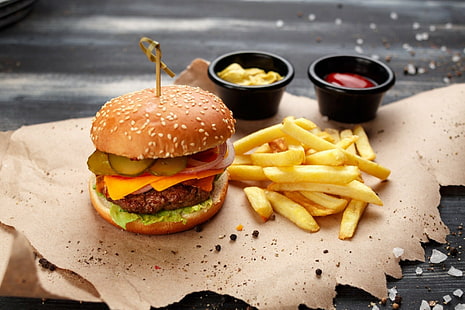Еда, гамбургер, картофель фри, HD обои HD wallpaper