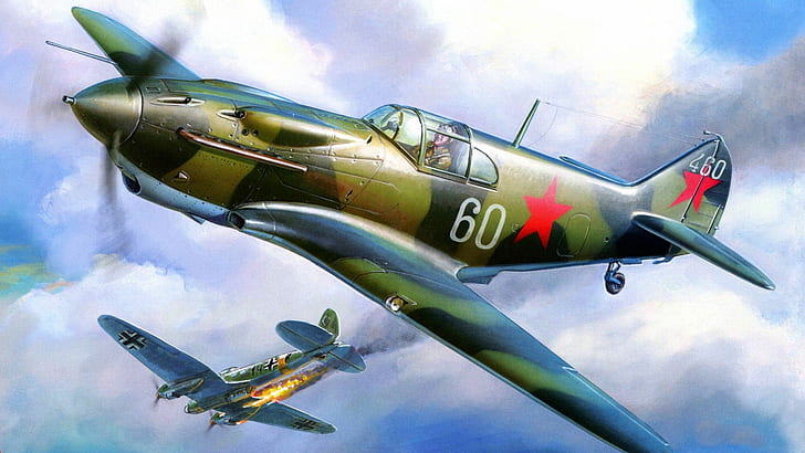 Feuer, Krieg, Kämpfer, Bomber, Lavochkin-Gorbunov-Gudkov, LaGG-3, gesäumt, He 111, Heinkel, HD-Hintergrundbild