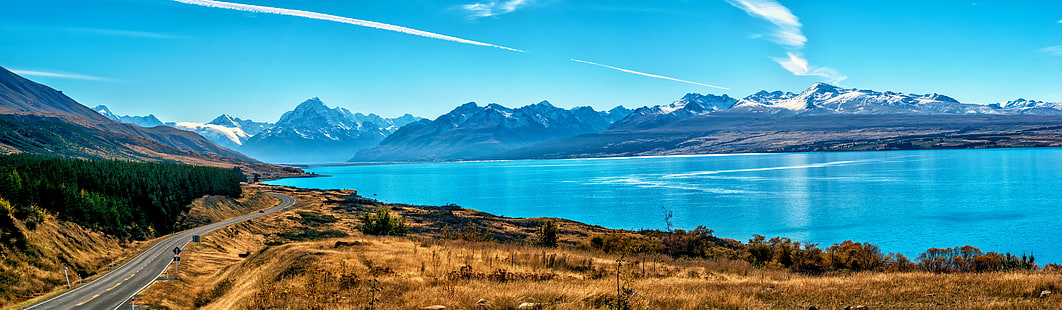 湖、湖、アオラキ/マウントクック、風景、山、ニュージーランド、パノラマ、道路、南アルプス、 HDデスクトップの壁紙 HD wallpaper