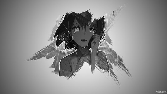 アニメ、アニメの女の子、モノクロ、泣いて、短い髪、 HDデスクトップの壁紙 HD wallpaper