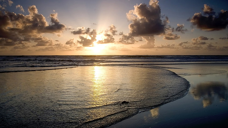 sea beach sunrise sunset vignette horizon coast sunlight crepuscular rays, HD wallpaper