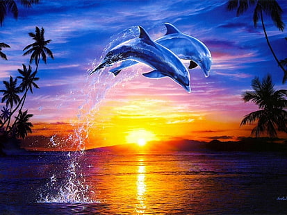 Animal, Delfín, Artístico, Océano, Palmera, Salida del sol, Tropical, Fondo de pantalla HD HD wallpaper