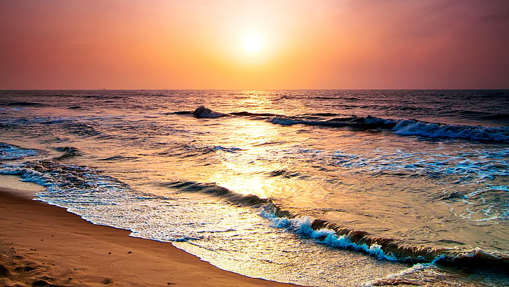 coucher de soleil, plage, océan, mer, horizon, rivage, ciel orange, ciel, vague, eau, coucher de soleil orange, côte, calme, belle, vague de vent, magnifique, Fond d'écran HD