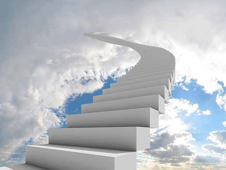 white stairs, the sky, clouds, ladder, HD wallpaper
