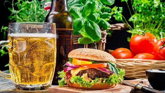 beer, fast food, hamburger, junk food, tomato, finger food, drink, HD wallpaper HD wallpaper