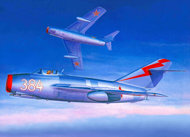 gray and blue 384 fighter plane wallpaper, the plane, fighter, art, combat, BBC, jet, the world, countries, OKB, Soviet, The MiG-15, armed, developed, Of the Soviet Union., Mikoyan, the end, 1940-H. G., Gurevich, history, mass, most, aviation, many, MiG-15, consisting, HD wallpaper