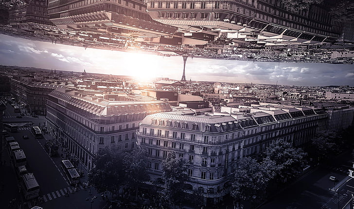 terbalik wallpaper ilusi menara Eiffel, Paris, Inception, berdasarkan film, Wallpaper HD