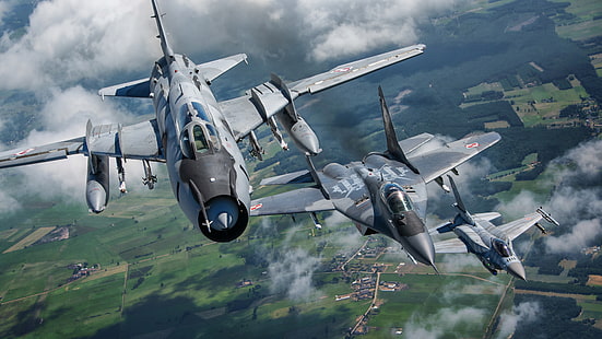 F-16, MiG-29, เครื่องบินทิ้งระเบิด, F-16 Fighting Falcon, Su-22, Sukhoi Su-22M4, กองทัพอากาศโปแลนด์, Su-22M4, วอลล์เปเปอร์ HD HD wallpaper
