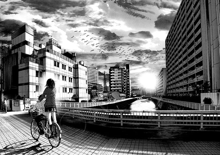 Манга, монохромен, Oyasumi Punpun, велосипеди, сгради, птици, летене, аниме, манга, монохромен, oyasumi punpun, велосипеди, сгради, птици, летене, аниме, HD тапет