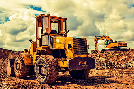 bulldozer, debris, equipment, excavator, heavy machine, machinery, vehicle, yellow, HD wallpaper HD wallpaper