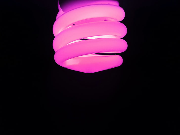 purple LED bulb, neon, purple, pink, simple, black background, light bulb, HD wallpaper