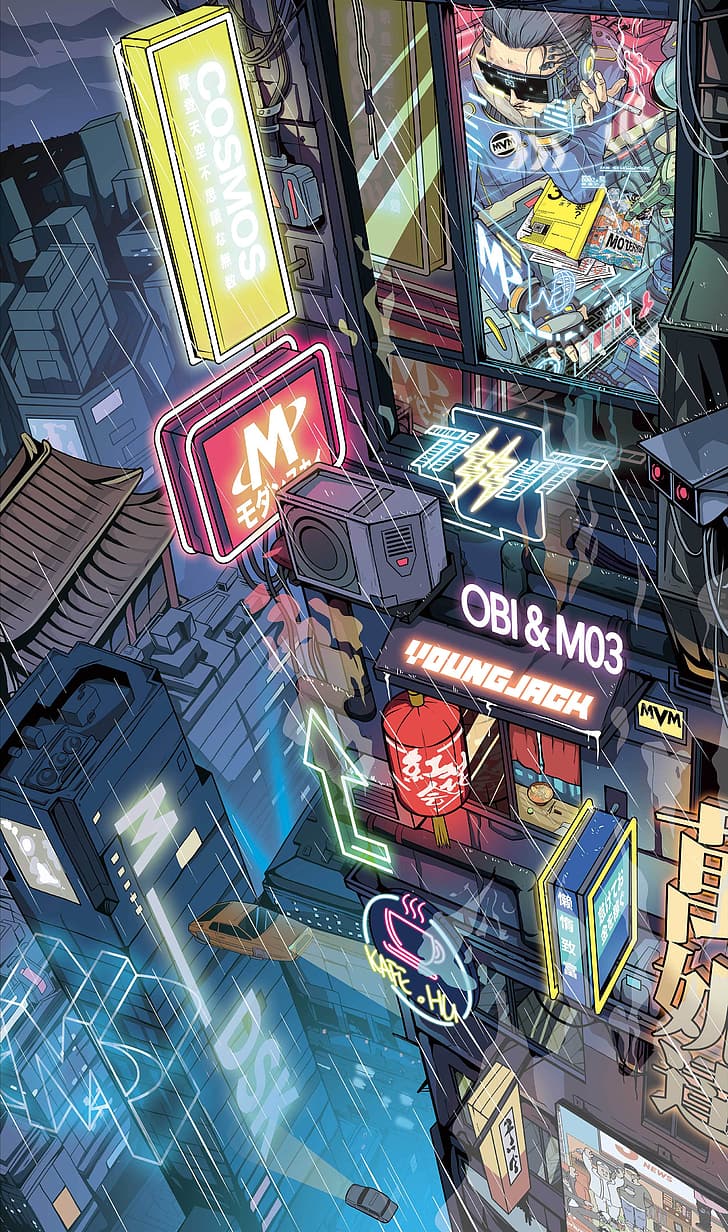 cyberpunk, dessin animé, Fond d'écran HD, fond d'écran de téléphone