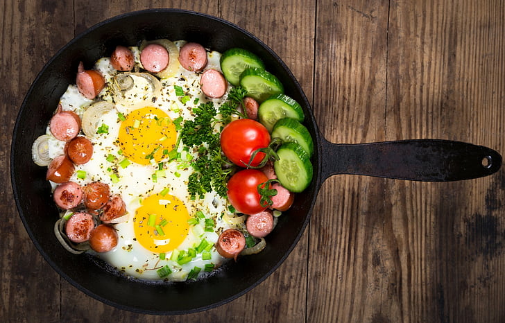 Food, Egg, Cucumber, Sausage, Tomato, HD wallpaper
