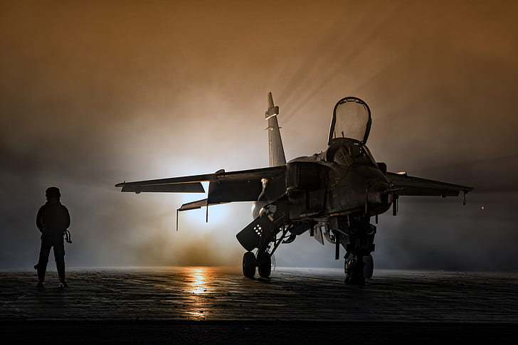 luce, Jaguar, pilota, campo d'aviazione, caccia-bombardiere, SEPECAT, Sfondo HD