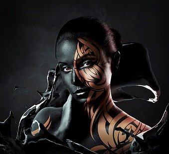 woman with black tattoo on her face, digital art, HD wallpaper HD wallpaper
