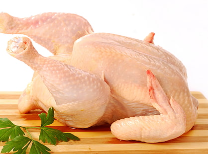 kyckling på brun yta, kyckling, styrelse, persilja, vit bakgrund, HD tapet HD wallpaper