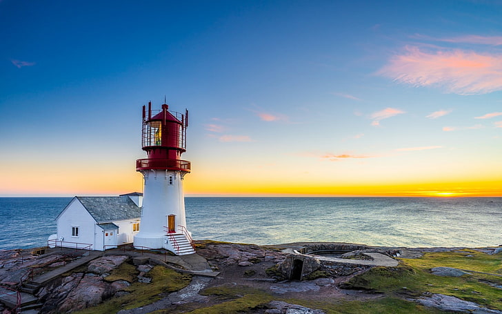 Sunset sea lighthouse norway lindesnes-Scenery HD .., HD wallpaper
