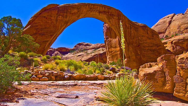 arch, rock, natural arch, wilderness, navajo, formation, sky, canyon, landscape, geology, shrubland, sandstone, sacred, rainbow bridge, utah, united states, HD wallpaper
