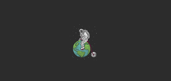 космонавт, сидящий на Земле, иллюстрация, космос, звезды, велосипед, земля, луна, спутник, минимализм, костюм, бездна, космонавт, планеты, HD обои