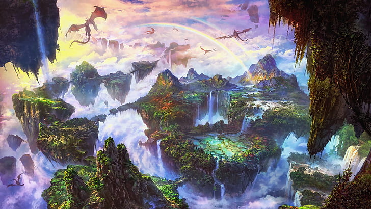 rainbow, fantasy, sky, trees, landscape, nature, water, mountains, clouds, forests, rivers, flying islands, digital art, waterfalls, artwork, concept art, fantasy art, islands, Dragons, fantasy landscape, HD wallpaper