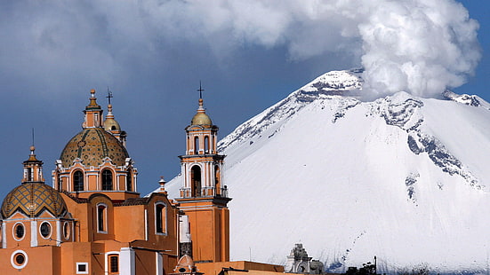 architecture, buildings, cathedral, cholula, church, cross, eruption, mexico, mountains, nature, popocatepetl, smoke, snow, steam, volcano, HD wallpaper HD wallpaper