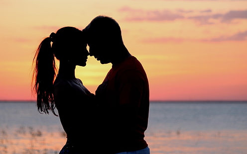 men's red top, couple, love, sunset, hugs, HD wallpaper HD wallpaper