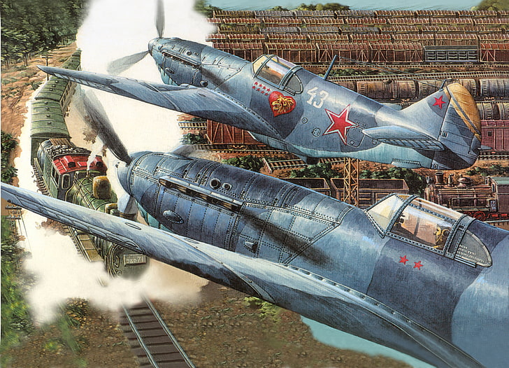 war, the engine, station, cars, art, fighters, LAGG-3, Soviet, single-engine, train, single, piston, HD wallpaper