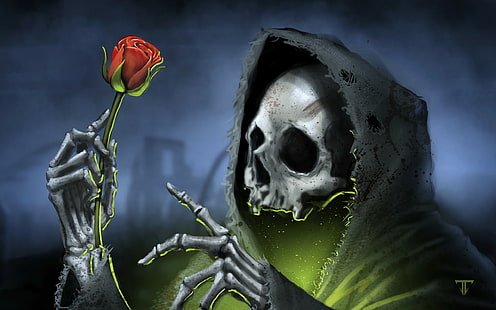 Dark, death, Gothic, grim, reaper, rose, roses, skeleton, skull, skulls, HD wallpaper HD wallpaper