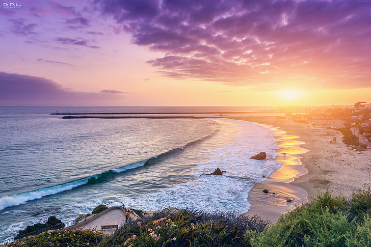 8k, travel, Corona Del Mar, Best Beaches in the World, sunrise, 5k, 4k, California. USA, tourism, sea, sunset, HD wallpaper