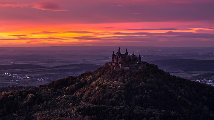 himmel, moln, slottet Hohenzollern, solnedgång, berg, atmosfär, slott, skymning, morgon, kväll, horisont, Tyskland, kulle, högland, glöden, HD tapet