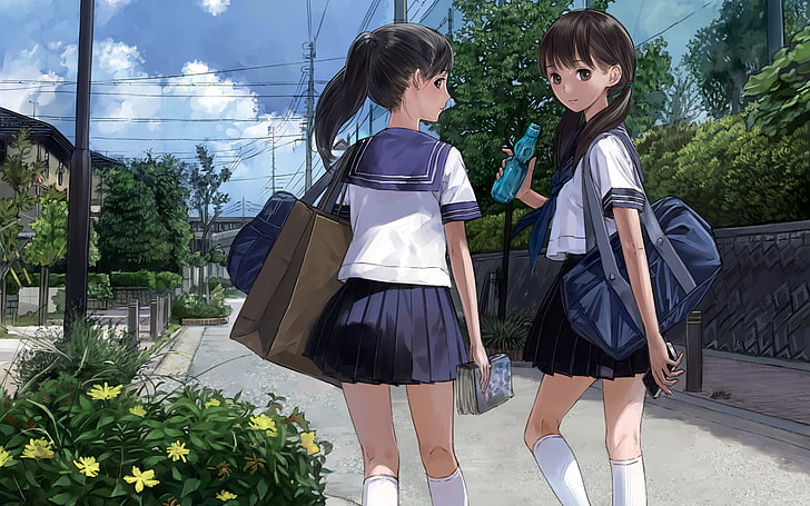two girl with black haired anime characters, water, street, girls, bottle, art, form, Schoolgirls, kishida mel, HD wallpaper