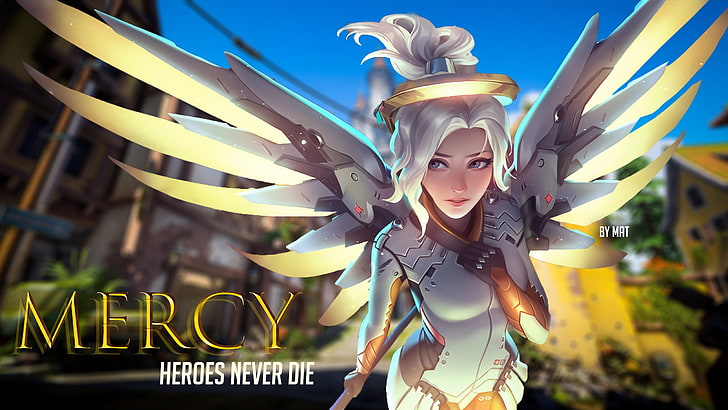 Wallpaper Mercy Heroes never die, EICHENWALDE (Overwatch), Mercy (Overwatch), gaming PC, desain grafis, Wallpaper HD