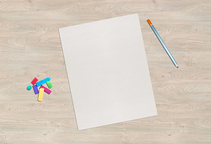 blank, chalks, coloured pencil, desk, draw, empty, pad, paper, pencil, post, sheet, table, wood, wooden, wooden surface, HD wallpaper