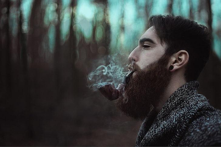 black and brown tobacco pipe, beards, smoke, model, sad, men, HD wallpaper
