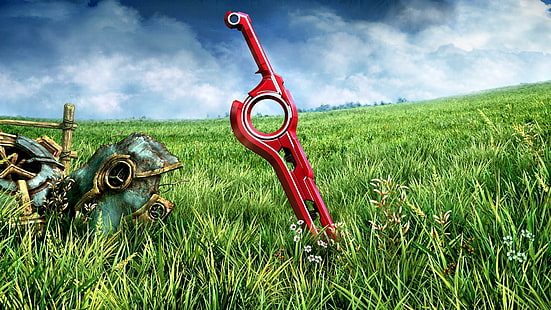 Xenoblade Chronicles - Monado, czerwony wydłużony metal na zielonej trawie, kroniki xenoblade, trawa, szczątki, monado, gry, Tapety HD HD wallpaper