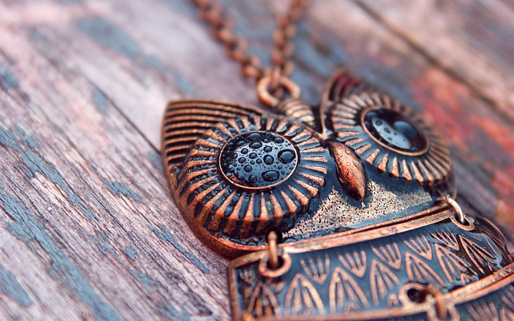 gold-colored owl pendant necklace, owl, pendant, jewelry, metal, HD wallpaper