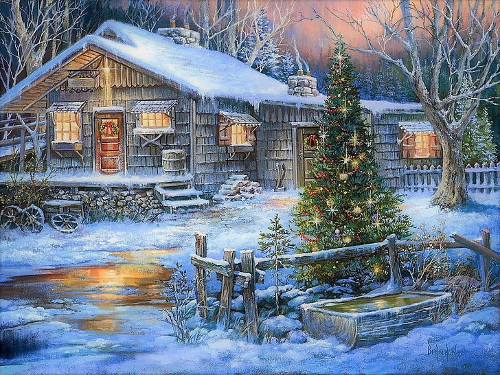 Konstnärlig, målning, jul, julgran, land, semester, hus, snö, träd, vinter, HD tapet