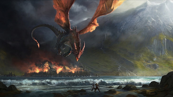 brown dragon flying above sea wallpaper, dragon flying over beach with burned town in background, The Hobbit, J. R. R. Tolkien, fantasy art, dragon, Smaug, The Lord of the Rings, digital art, sea, The Hobbit: The Desolation of Smaug, movies, fire, town, creature, HD wallpaper