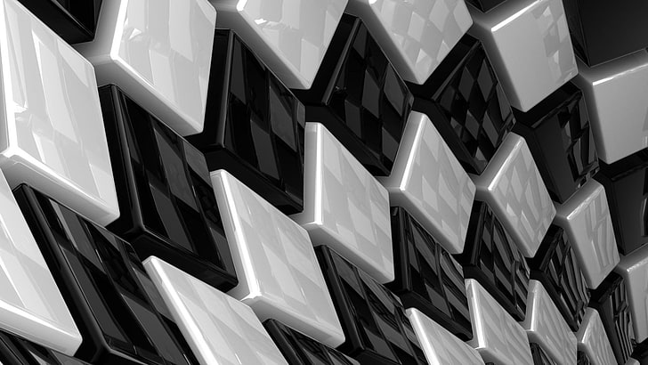 white and black wooden chairs, pattern, texture, geometry, square, cube, reflection, black, white, digital art, monochrome, HD wallpaper
