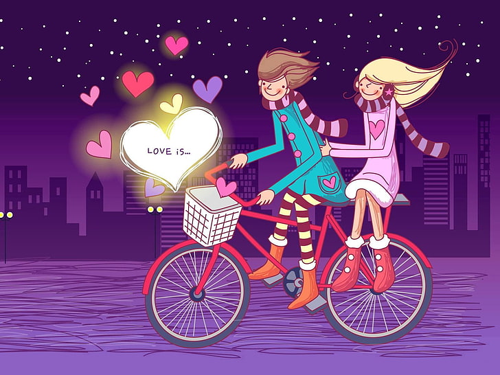 Romantic Bike Lovers, man and woman riding bicycle at night illustration, Love, HD wallpaper