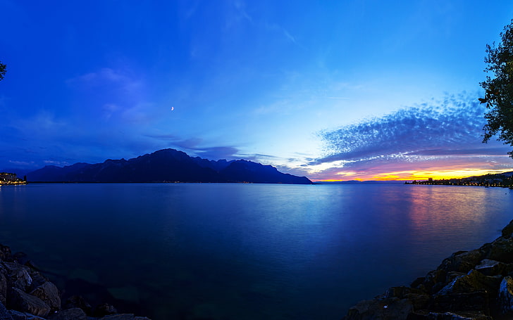 body of water and mountain, lake, night, sea, clouds, sky, HD wallpaper