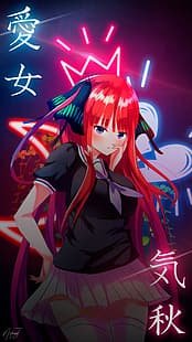  readhead, anime, anime girls, neon, kanji, model, 5-toubun no Hanayome, Nakano Nino, blue, red, studio, HD wallpaper HD wallpaper