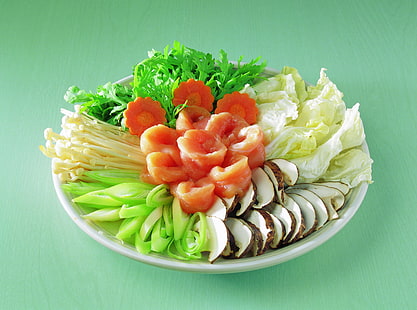 vegetable salad, food, plate, mushrooms, carrots, cabbage, parsley, meat, pepper, HD wallpaper HD wallpaper