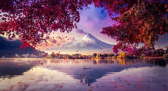  digital, digital art, artwork, illustration, photography, Photoshop, nature, landscape, sky, skyscape, boat, people, water, sea, reflection, mountains, clouds, Mount Fuji, outdoors, panorama, Japan, Asian, lake, dreamscape, trees, HD wallpaper HD wallpaper