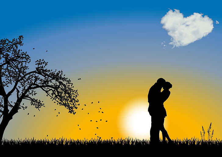 여자와 남자의 실루엣 벽지, 부부, 사랑, 로맨스, 구름, HD 배경 화면