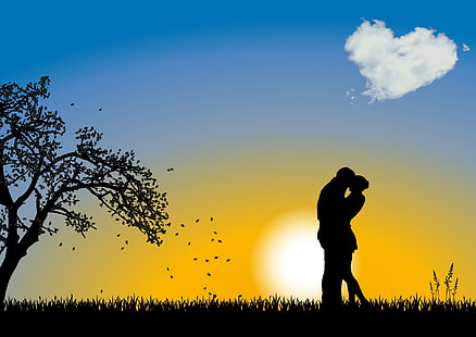 silhouette of woman and man wallpaper, couple, love, romance, cloud, HD wallpaper HD wallpaper