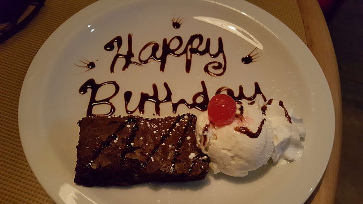 birthday, birthday cake, ceramic plate, cherry, chocolate cake, happy birthday, icecream, restaurant, HD wallpaper
