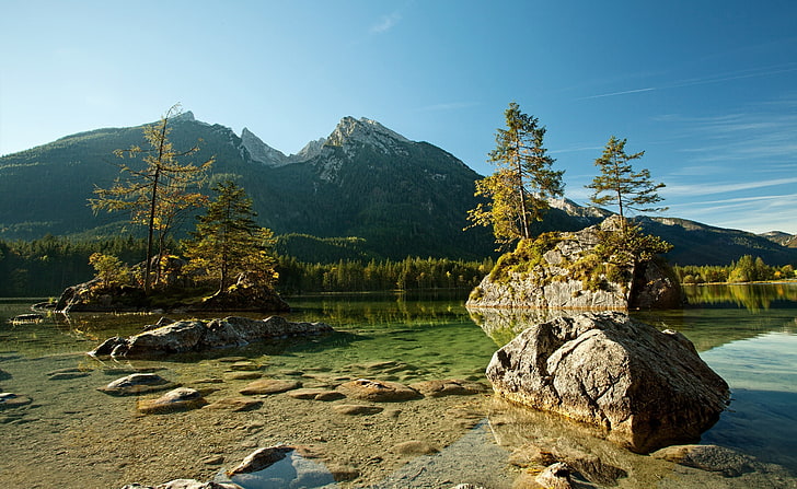 Glatte Wasseroberfläche, graue Felsbrocken, Natur, Seen, Wasser, glatt, Oberfläche, HD-Hintergrundbild